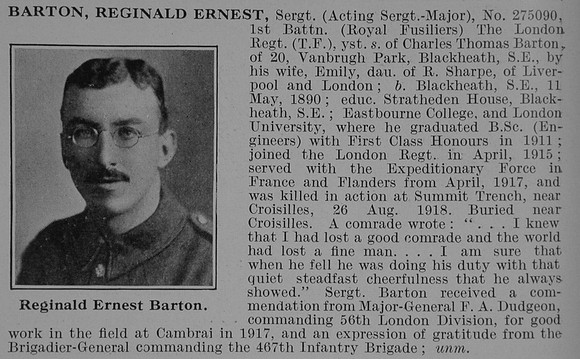 Barton R E Sergt 1st London Regiment Obit