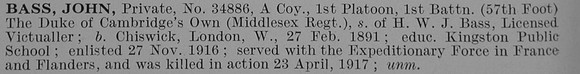 Bass J Pte 1st Middlesex Regiment Obit
