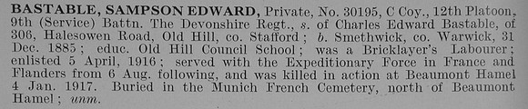 Bastable S E Pte 9th Devonshire Regiment Obit