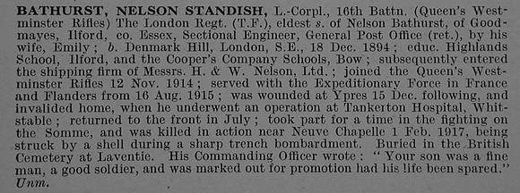 Bathurst N S L/Cpl 16th London Regiment Obit