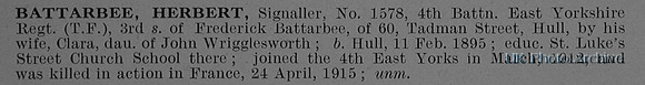 Battarbee H Sig 1578 4th  East Yorkshire Regiment Short Obit