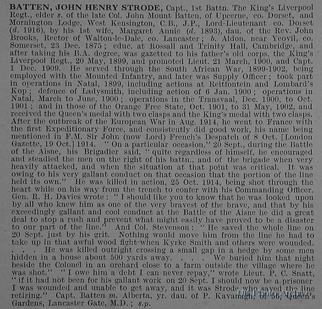 Batten J H S Captain 1st Kings Liverpool Regiment Obit