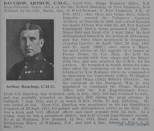 Bauchop A Lt Col CMG Otago Mounted Rifles N.Z.E.F Obit