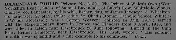 Baxendale P Pte 61591 15th West Yorkshire Regiment Obit