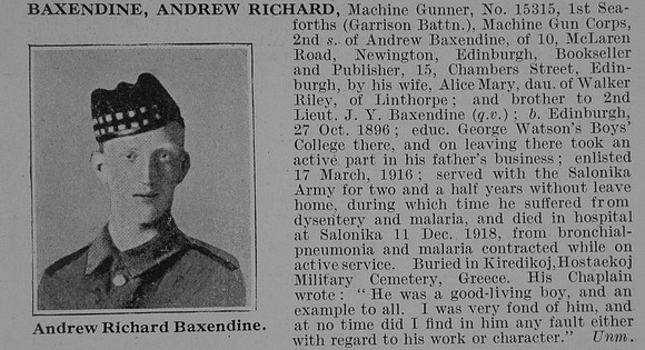 Baxendine A R Machine Gnr 1st Seaforth Highlanders Obit
