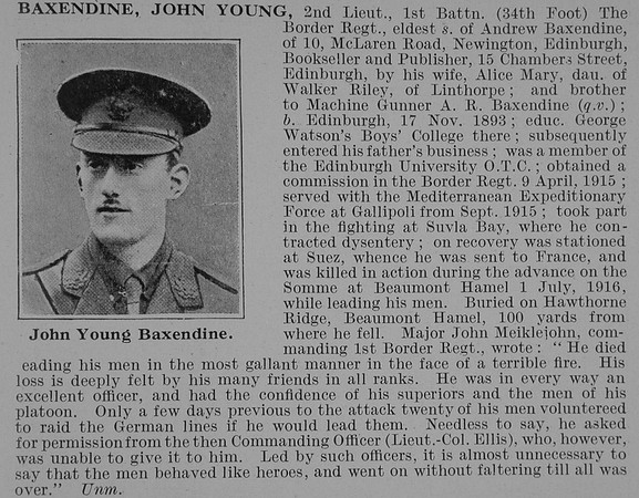 Baxendine J Y 2nd Lt 1st Border Regiment Obit