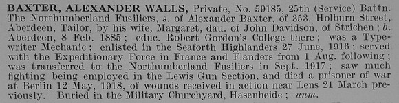 Baxter A W  Pte 25th Northumberland Fusiliers Obit