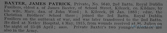 Baxter J P Pte 5640 2nd Royal Dublin Fusiliers Obit