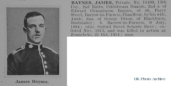 Baynes J Pte 10499 2nd Coldstream Guards Obit