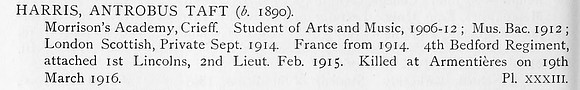 Harris A T 2nd Lt 4th Bedfordshire Regiment Att 1st Lincolnshire Regiment Obit