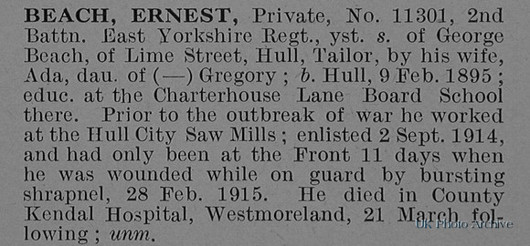 Beach E Pte 11301 2nd East Yorkshire Regiment Obit