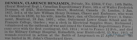 Denman C B Pte 25944 14th Canadian Expeditionary Force Obit