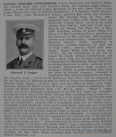 Logan E T Lt Col 3rd Cheshire Regt Obit De Ruvignys Roll Of Honour Vol 2