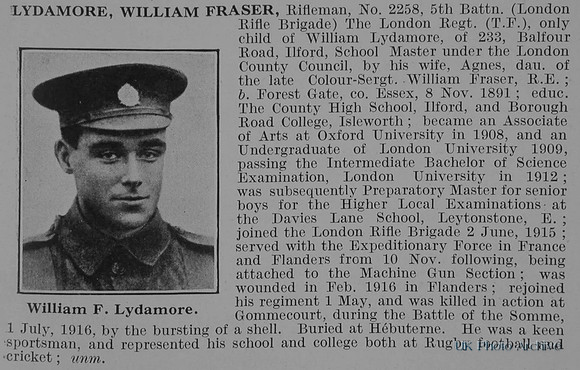 Lydamore W F Rfn 5th London Regt Obit De Ruvignys Roll Of Honour Vol 2