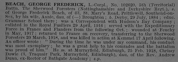 Beach G F L/Cpl 102620 5th Notts Derby Regiment Obit