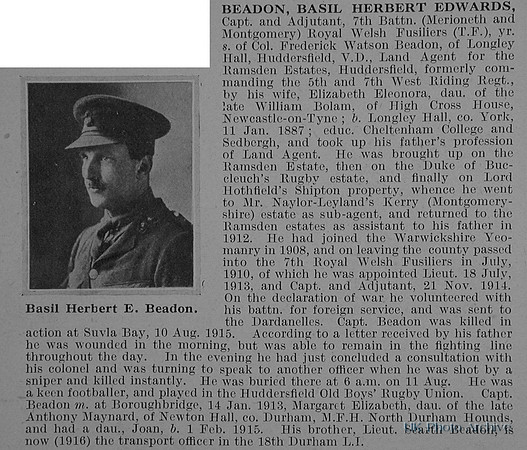 Beadon B H E Captain 7th Royal Welsh Fusiliers Obit