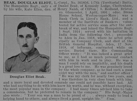 Beak D E LCpl 7th Hampshire Regiment Obit