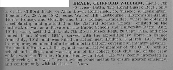 Beale C W Lt 7th Royal Sussex Regiment Obit