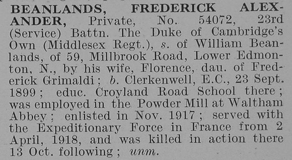 Beanlands F A Pte 23rd Middlesex Regiment Obit