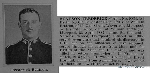 Beatson F Cpl 9034 1st Kings Own Royal Lancaster Regiment Obit