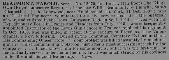 Beaumont H Sergt 1st Kings Own Obit