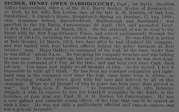 Becher H O D Captain 1st Cameronians Obit