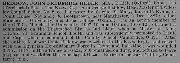 Beddow J F H Captain 4th Essex Regt Obit