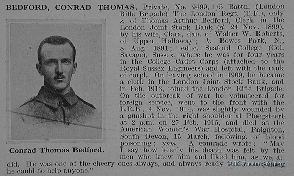 Bedford C T Pte 9499 5th London Regiment Obit
