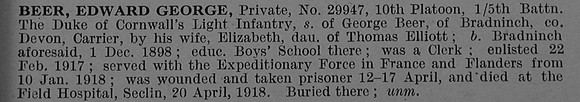 Beer E G Pte 5th Duke Of Cornwalls Light Infantry Obit