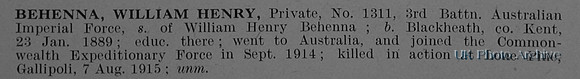 Behenna W H Pte 1311 3rd Australian Infantry Obit