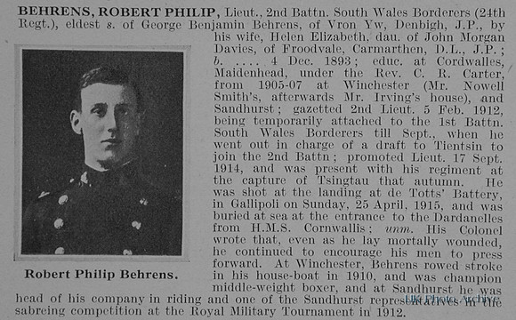 Behrens R P Lt 2nd South Wales Borderers Obit