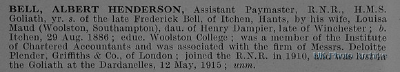 Bell A H Assistant Paymaster H.M.S Goliath Royal Naval Reserve Obit