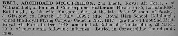 Bell A M 2nd Lt Royal Flying Corps Obit