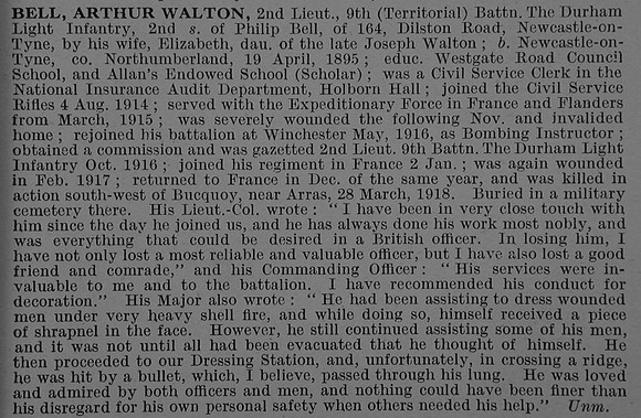 Bell A W 2nd Lt 9th Durham Light Infantry Obit