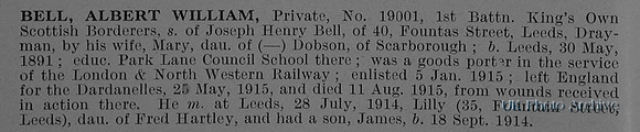 Bell A W Pte 19001 1st Kings Own Scottish Borderers Obit