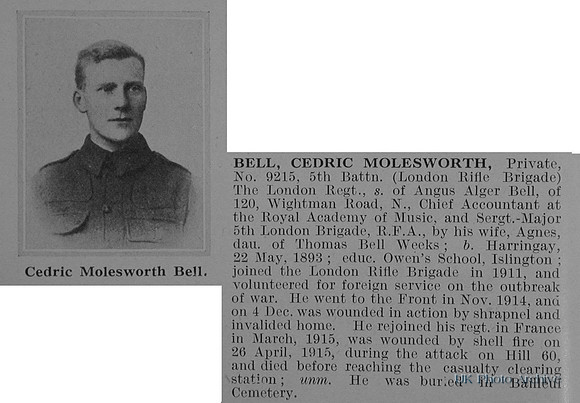 Bell C M Pte 9215 5th London Regiment Obit