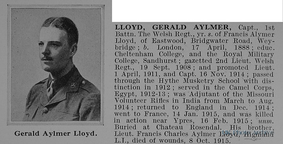 Lloyd G A Captain 1st Welsh Regiment Obit