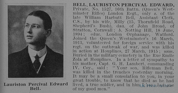 Bell L P E Pte 1527 16th London Regiment Obit