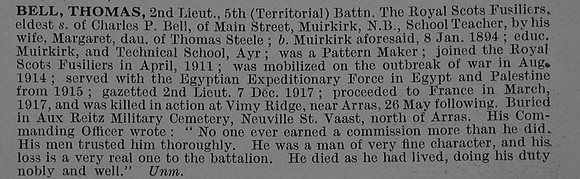 Bell T 2nd Lt 5th Royal Scots Fusiliers Obit
