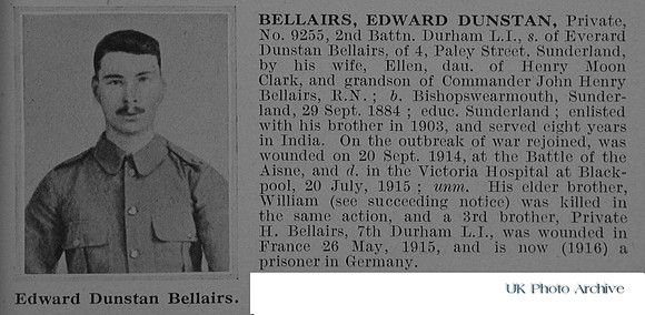 Bellairs E D Pte 9255 2nd Durham Light Infantry Obit