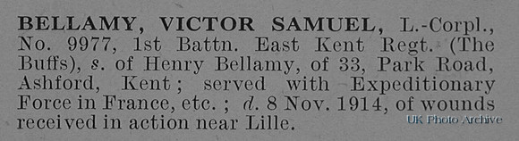 Bellamy V S LCpl 9977 1st East Kent Regiment Obit