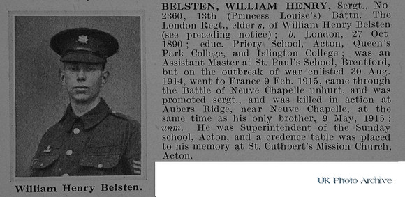Belsten W H Sergt 2360 13th London Regiment Obit