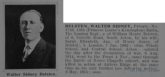 Belsten W S Pte 1756 13th London Regiment Obit