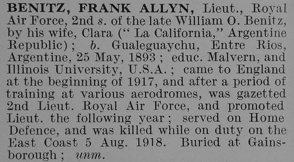 Benitz F A Lt Royal Flying Corps Obit