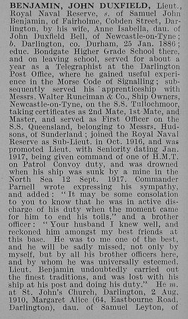 Benjamin J D Lt Royal Naval Reserve Obit Part 1