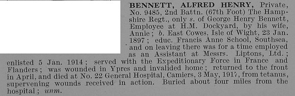 Bennett A H Pte 2nd Hants Regiment Obit