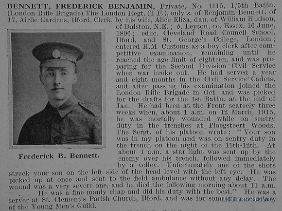 Bennett F B Pte 1115 5th London Regiment Obit