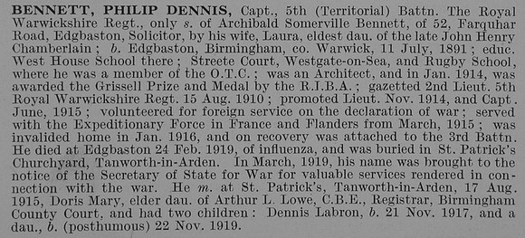 Bennett P D Captain 5th Royal Warwickshire Regiment Obit