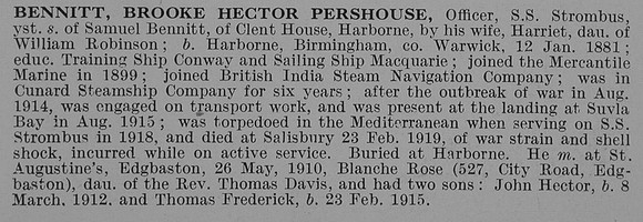 Bennitt B H P Officer SS Strombus Mercantile Marine Obit