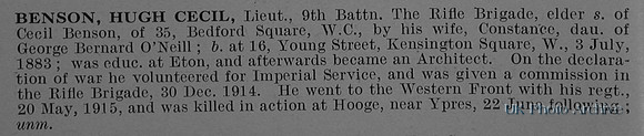 Benson H C Lt 9th Rifle Brigade Obit